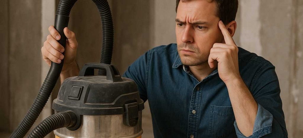 Homme perplexe examinant un aspirateur de chantier dans un environnement en rénovation
