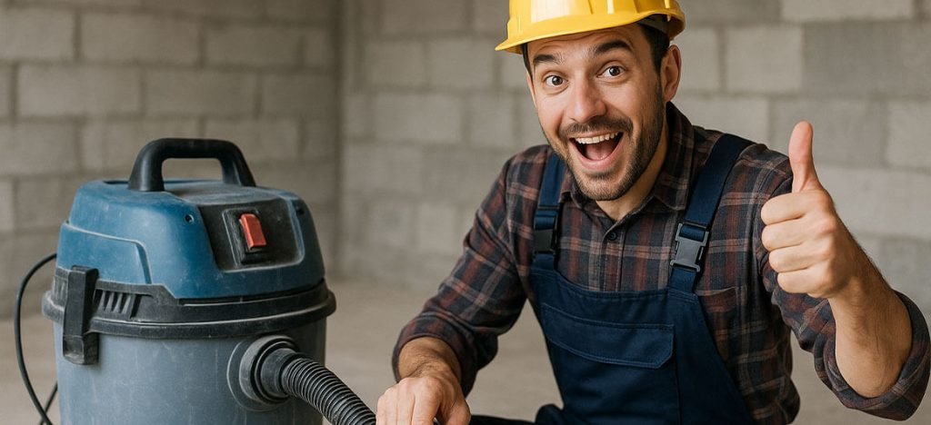 Ouvrier souriant avec aspirateur de chantier puissant sur un grand chantier