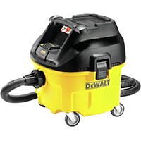 Aspirateur de chantier DeWalt DWV901L-QS avec cuve en plastique jaune et noir, roulettes et tuyau flexible