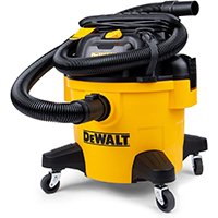 Aspirateur de chantier DeWALT DXV20P jaune et noir avec cuve robuste, roulettes pivotantes et poignée ergonomique
