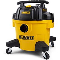 Aspirateur de chantier DeWalt DXV023P avec cuve en plastique jaune et noir et roulettes
