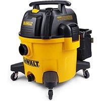 Aspirateur de chantier DeWalt DXV34P avec cuve en plastique jaune et noir, roulettes et porte-accessoires intégré