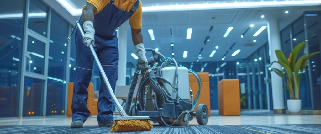 Technicien de nettoyage professionnel utilisant un aspirateur industriel et une brosse pour nettoyer un sol de bureau moderne