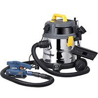 Aspirateur de chantier en acier inoxydable avec poignée jaune, accessoires et ponceuse intégrée