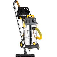 Aspirateur de chantier en acier inoxydable avec flexible jaune, poignée robuste et tube métallique équipé d'un embout pour sol