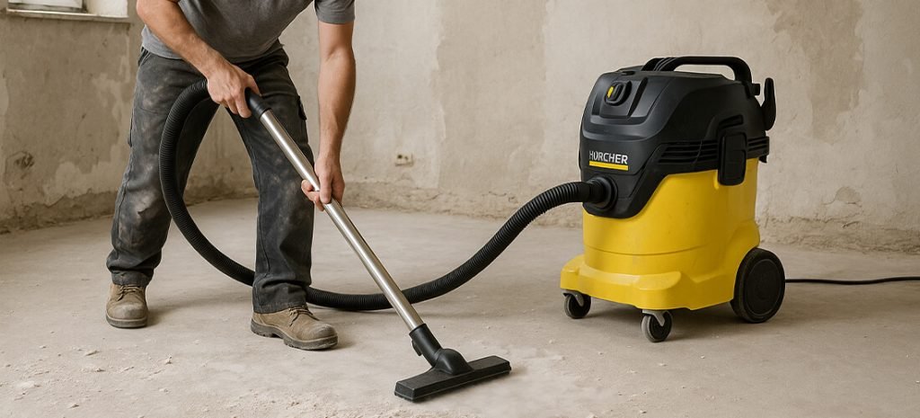 homme utilisant un aspirateur Kärcher sans sac pour aspirer la poussière de plâtre et les gravats sur un sol de chantier