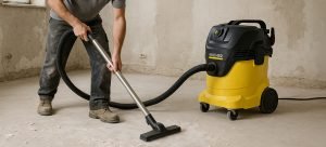 homme utilisant un aspirateur Kärcher sans sac pour aspirer la poussière de plâtre et les gravats sur un sol de chantier