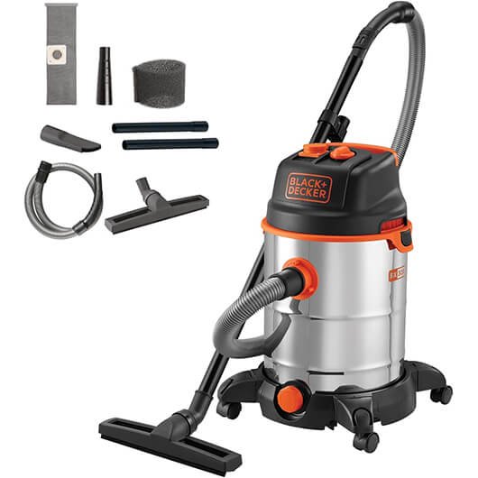 Aspirateur de chantier Black+Decker BXVC30XDE avec cuve en acier inoxydable, accessoires inclus (filtre, brosses, suceur)