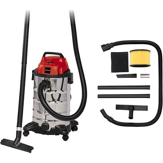 a vacuum cleaner with a red handle