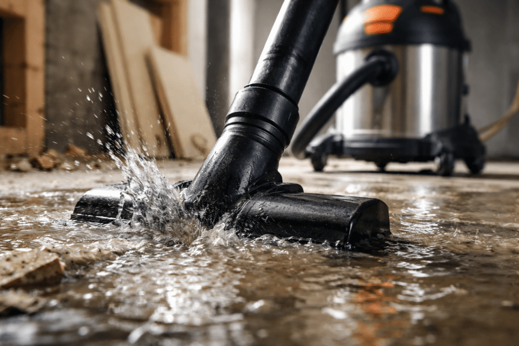 Aspirateur de chantier en action aspirant de la poussière et des gravats sur un sol d’atelier.