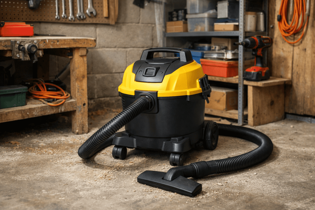 Aspirateur de chantier pas cher, modèle compact et basique, posé sur un sol d’atelier.