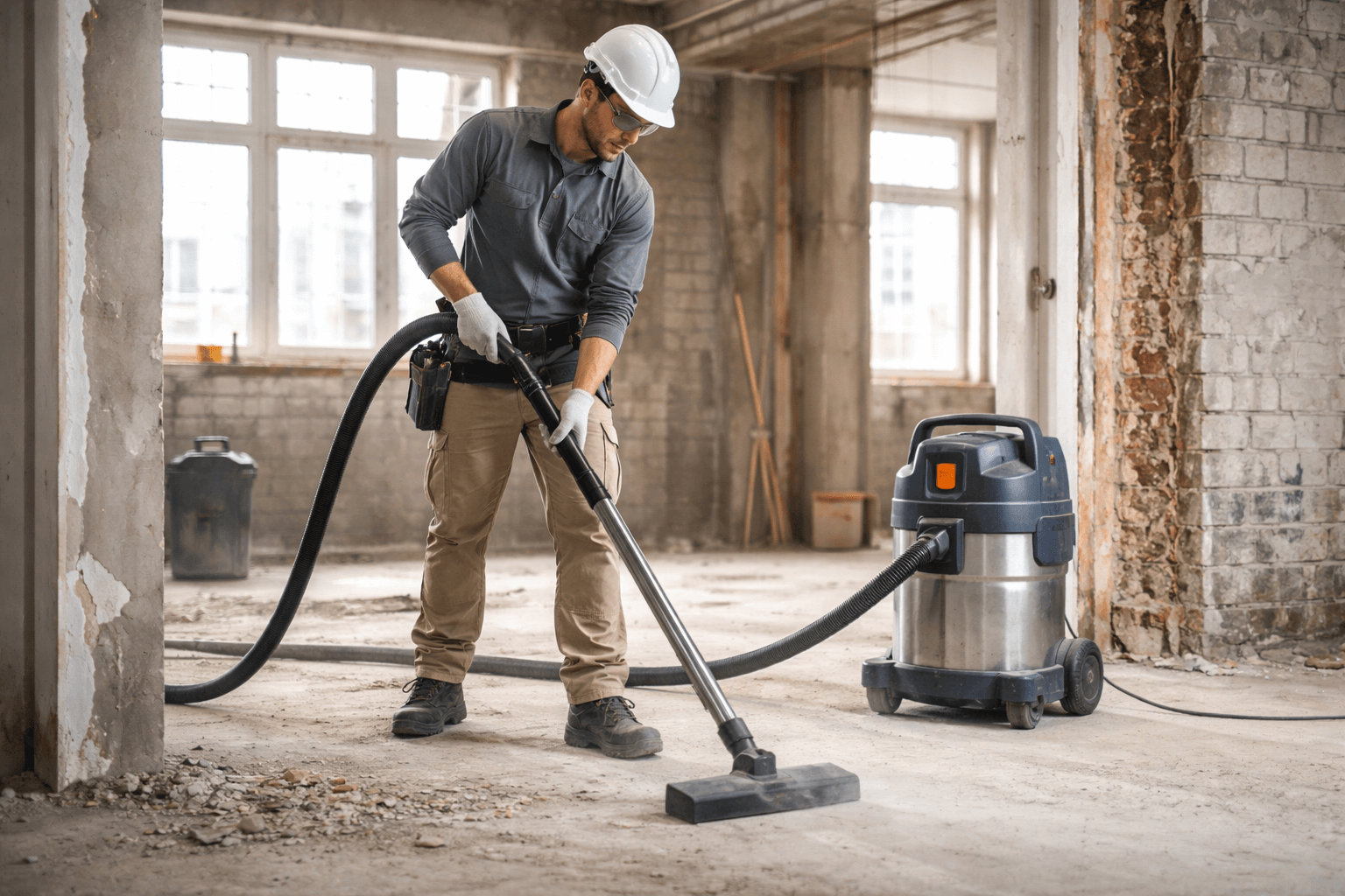Ouvrier équipé d’un casque de chantier utilisant un aspirateur eau et poussière dans une pièce en rénovation pour nettoyer les gravats au sol.