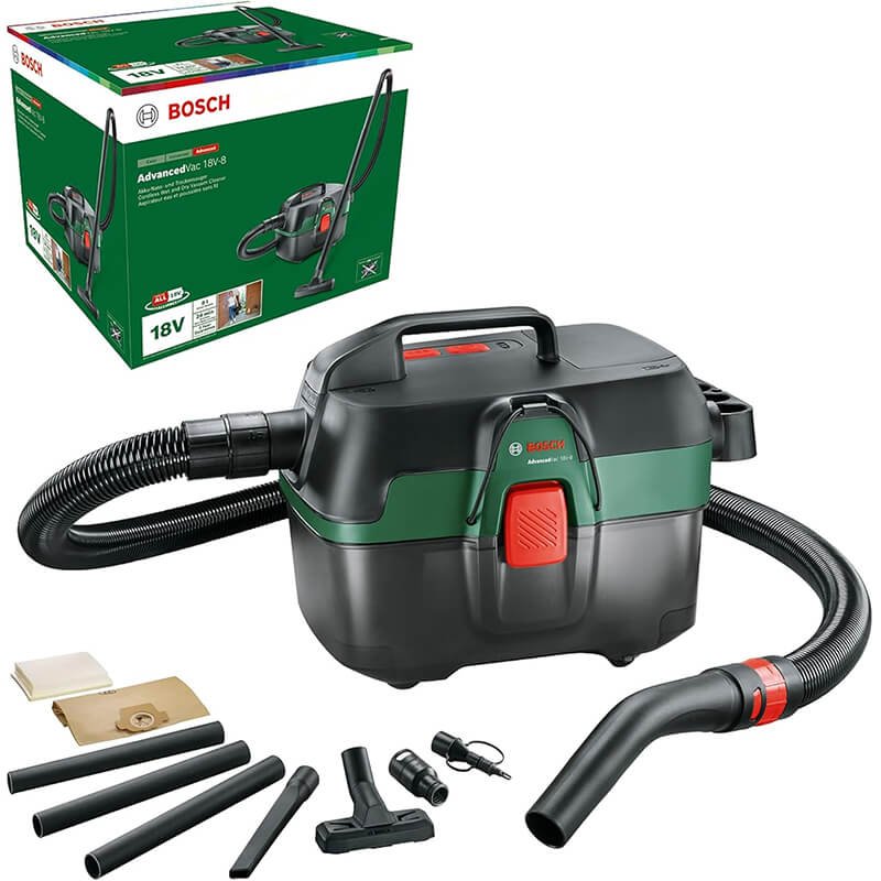 Aspirateur de chantier Bosch AdvancedVac 18V-8 sans fil, avec boîte et accessoires (filtre, sac, brosses, suceur)