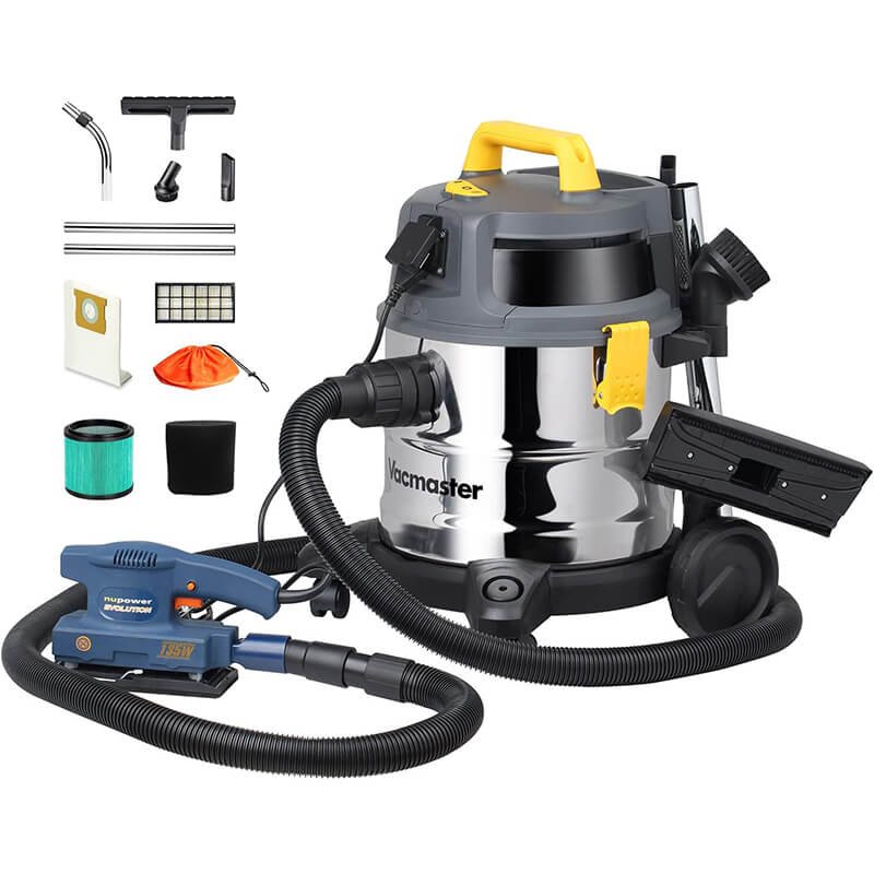 Aspirateur de chantier en acier inoxydable avec poignée jaune, accessoires et ponceuse intégrée