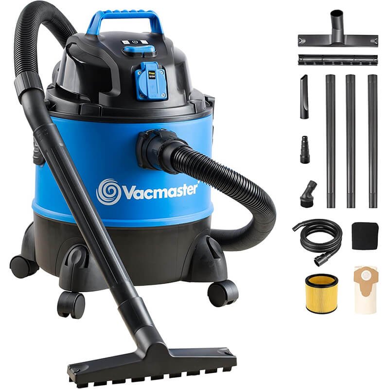 Aspirateur de chantier Vacmaster bleu et noir avec flexible et embout pour sol