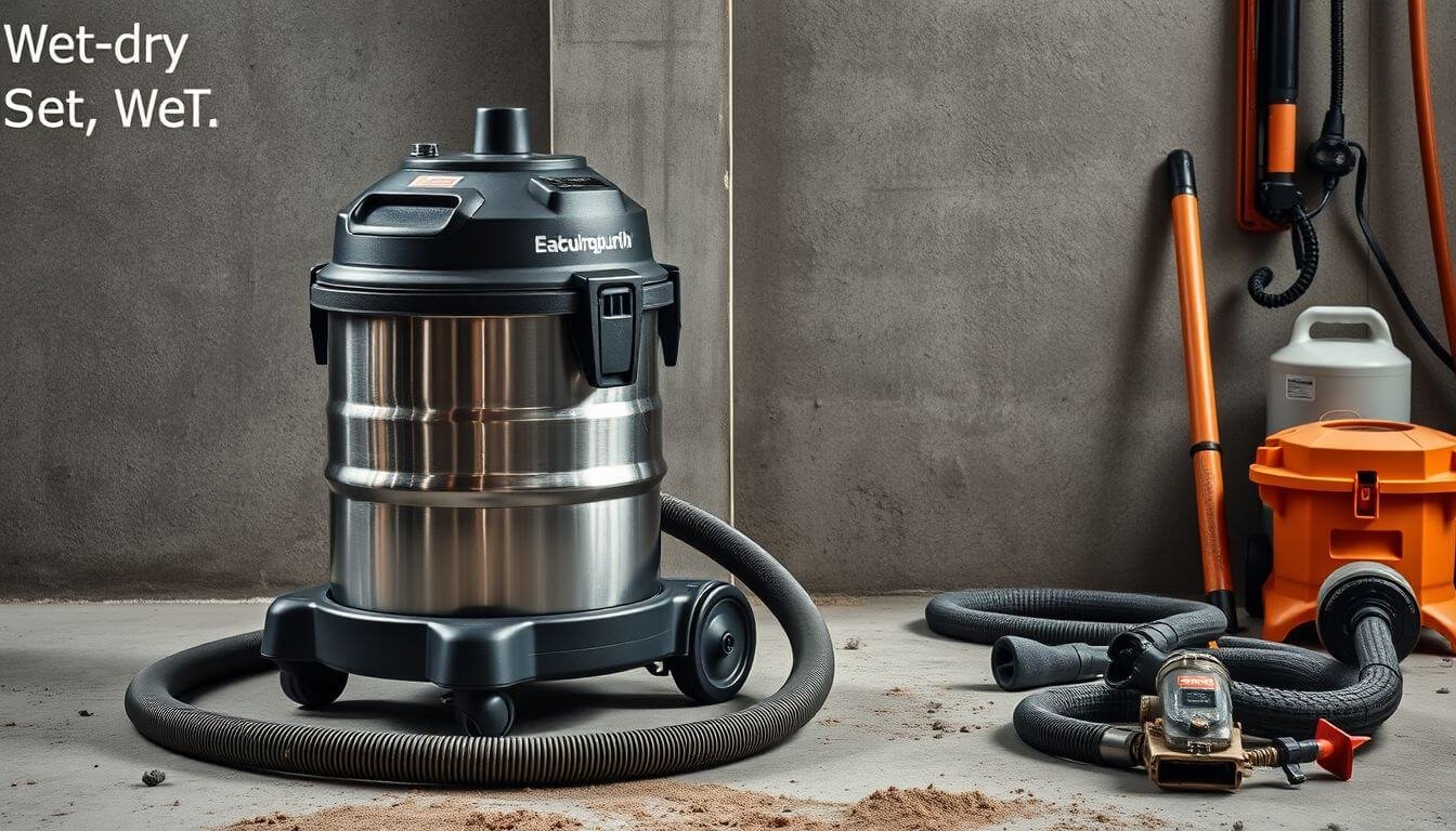Aspirateur de chantier professionnel sur un chantier de rénovation, utilisé par un artisan