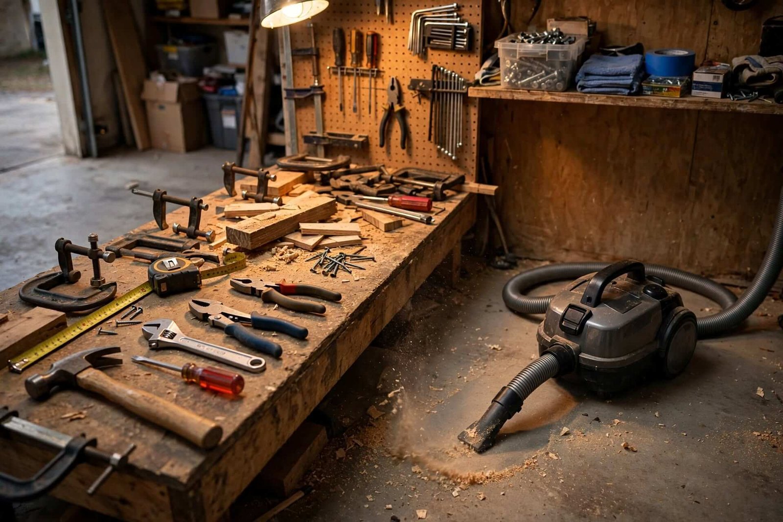 Aspirateur de chantier pas cher utilisé dans un garage pour du bricolage régulier
