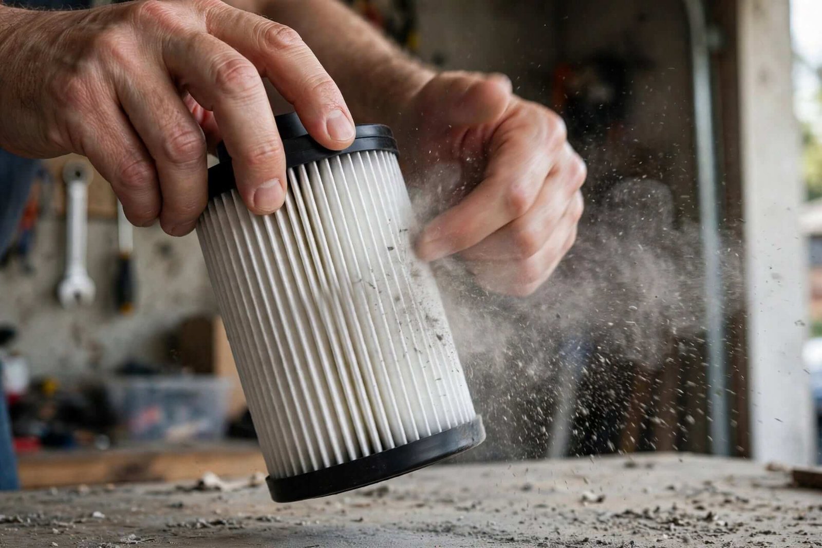 Nettoyage manuel du filtre d'un aspirateur de chantier entrée de gamme, sans décolmatage automatique