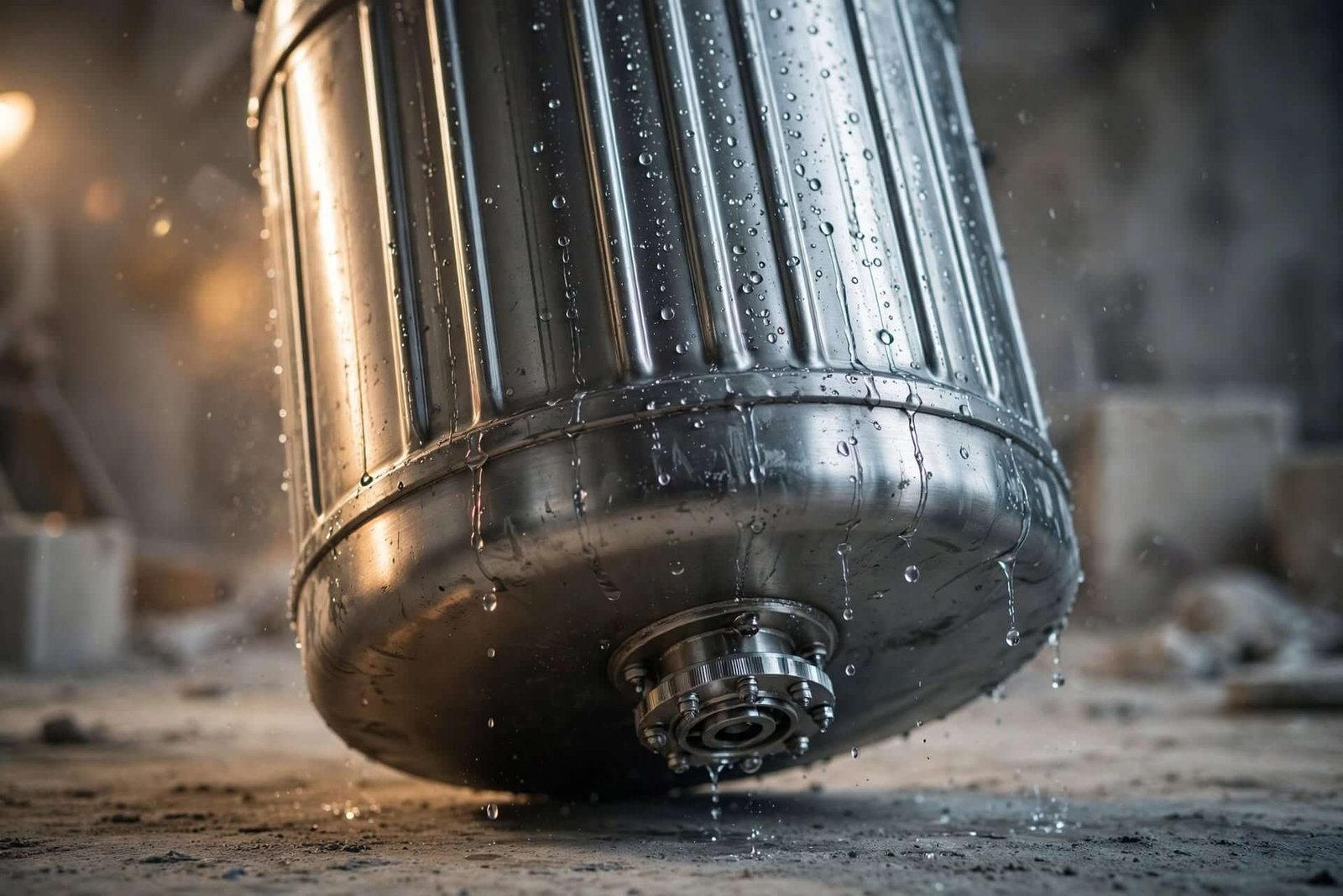 Cuve inox d'aspirateur de chantier avec bouchon de vidange, résistante aux vidanges répétées