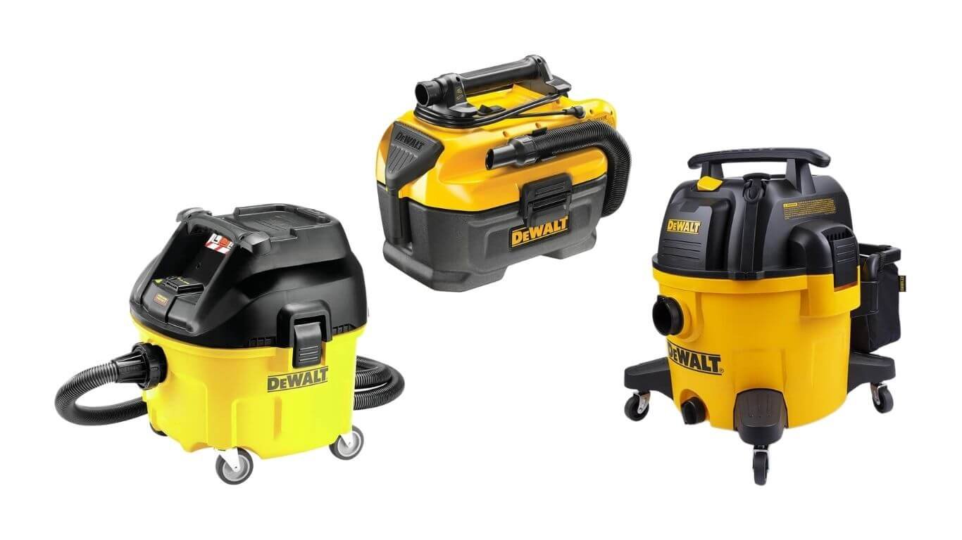 Comparatif des 3 aspirateurs eau et poussière DeWalt DWV115, DWV901L et DCV586MN sur fond blanc