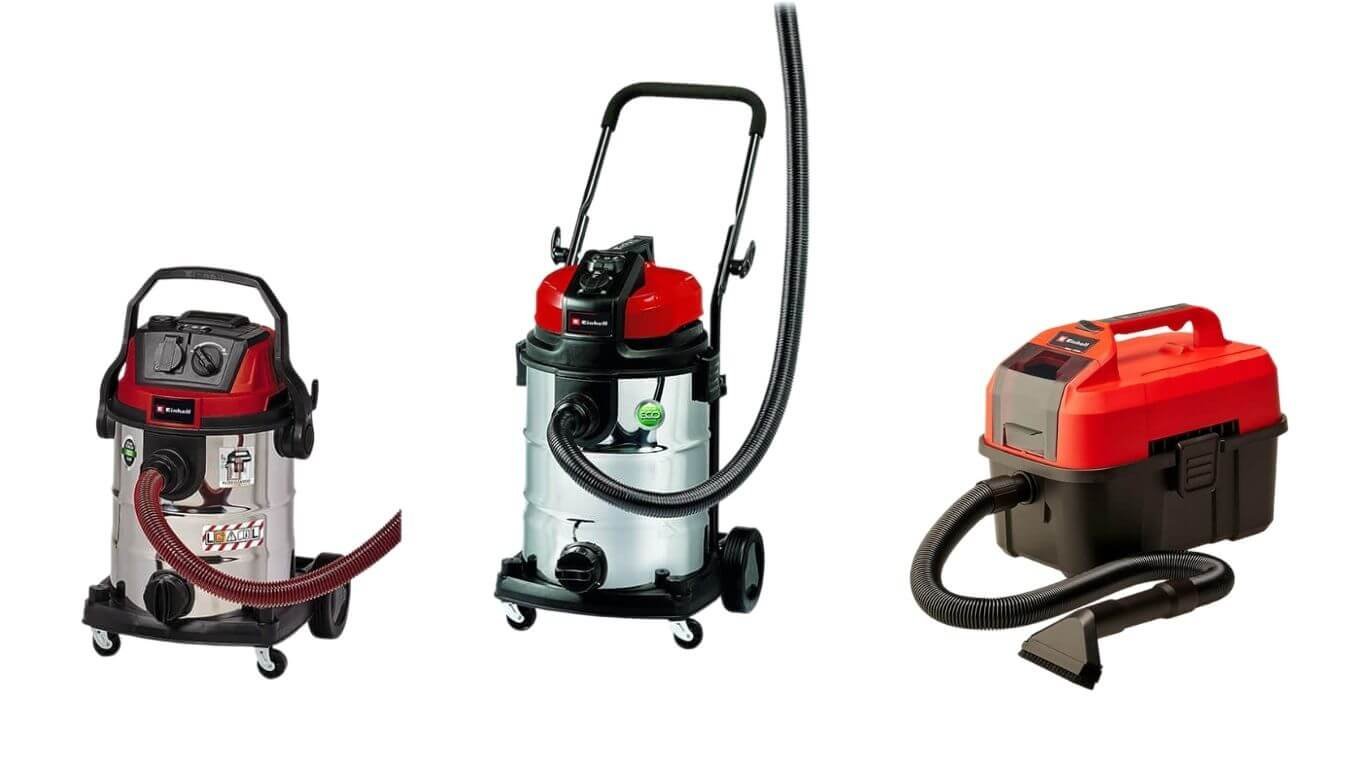Comparatif des 3 aspirateurs eau et poussière Einhell TE-VC 36/30 SACL 30L Inox, TC-VC 1930 S 30L et TE-VC 18 Li 18V sans fil sur fond blanc
