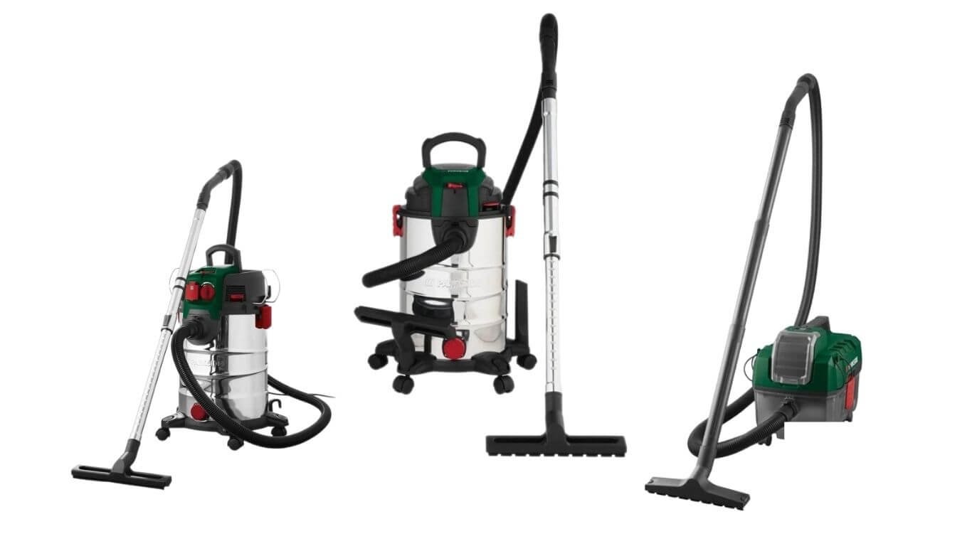 Comparatif des 3 aspirateurs eau et poussière Parkside PWD 20 A1 20L Inox, PWD 25 C3 25L et PWD 12 A4 12V sans fil sur fond blanc