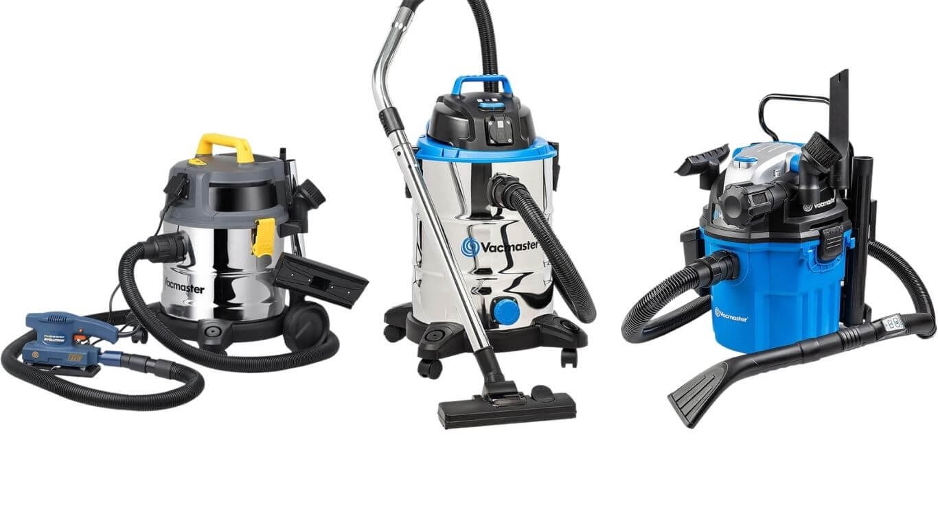Comparatif des 3 aspirateurs eau et poussière Vacmaster VQ1220PFC 20L, VQ1530SFC 30L Inox et VBL1215 15L sur fond blanc