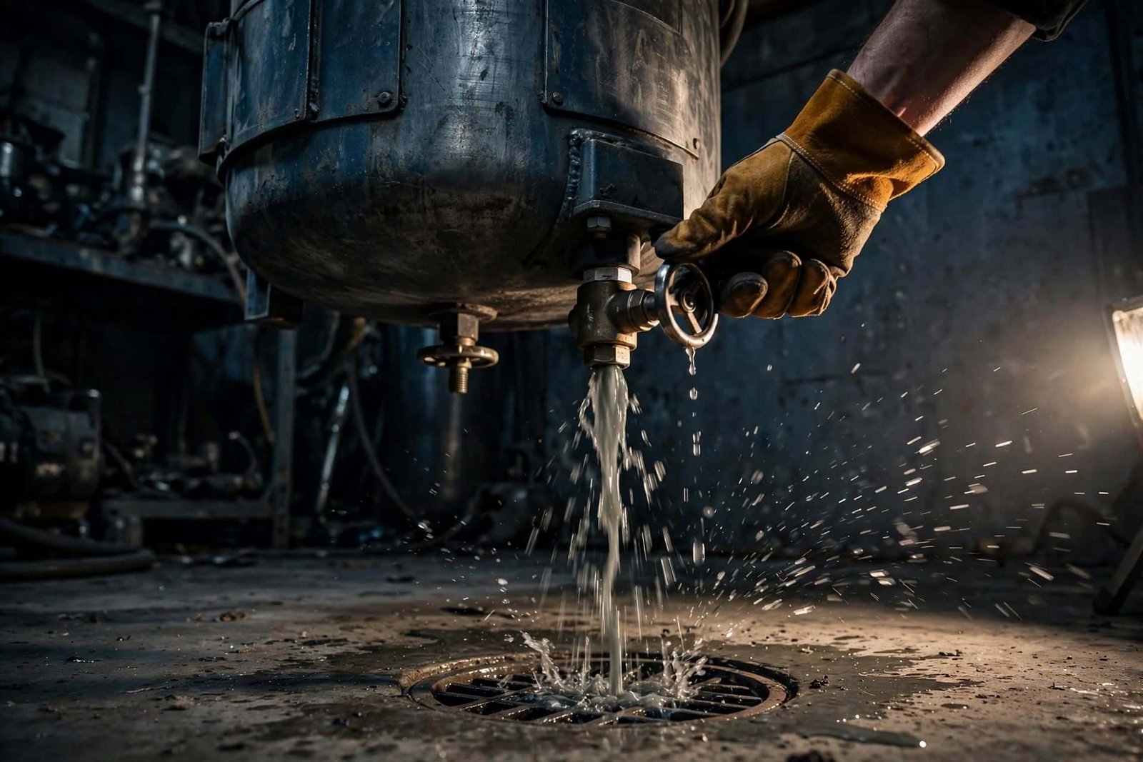 Vidange d'eau par le bouchon intégré d'un aspirateur de chantier sans sac