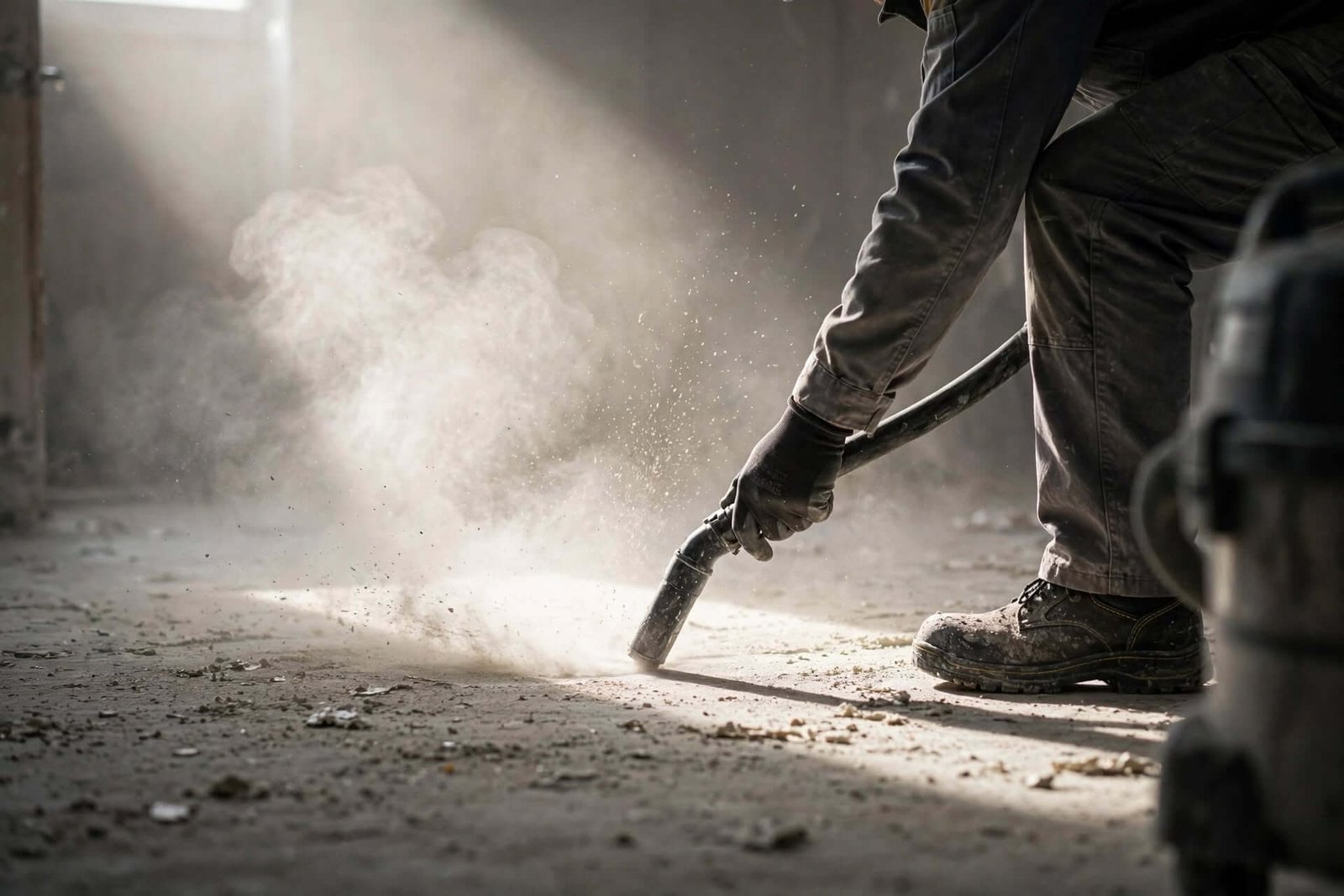 Aspiration de débris sur chantier avec un tuyau d'aspirateur en action