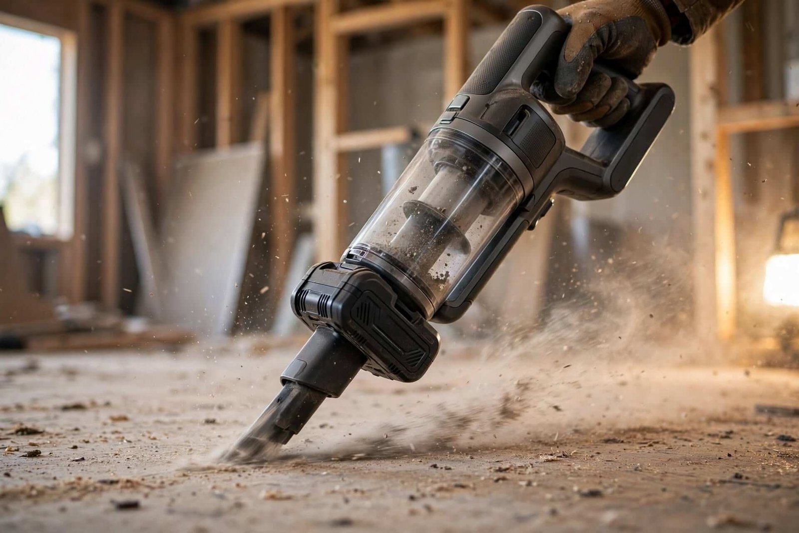 Aspirateur de chantier sans fil utilisé sur un chantier de second œuvre sans prise électrique