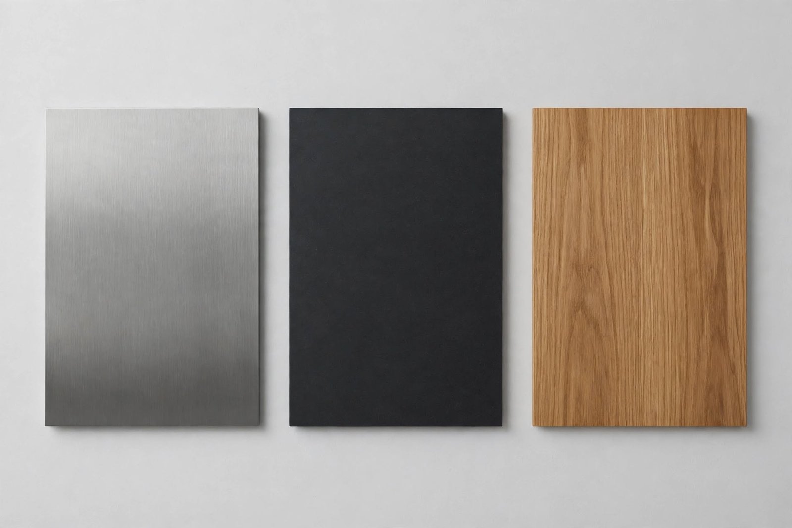 Textures inox, composite et bois illustrant la comparaison entre marques d'aspirateurs