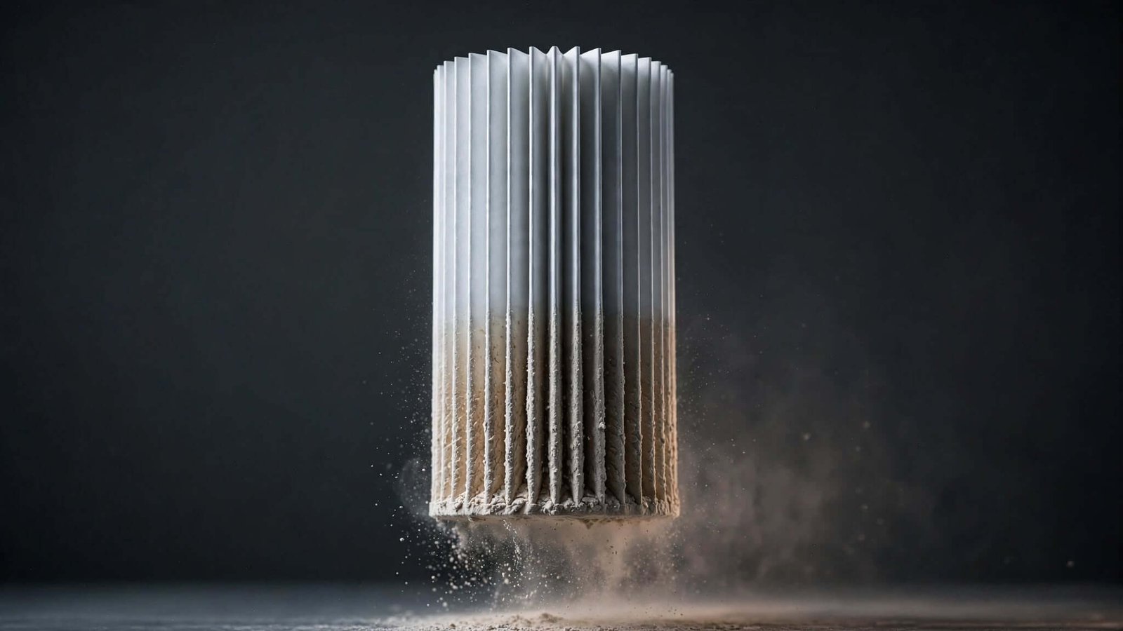 Filtre d'aspirateur colmaté par la poussière de plâtre, comparé à un filtre propre