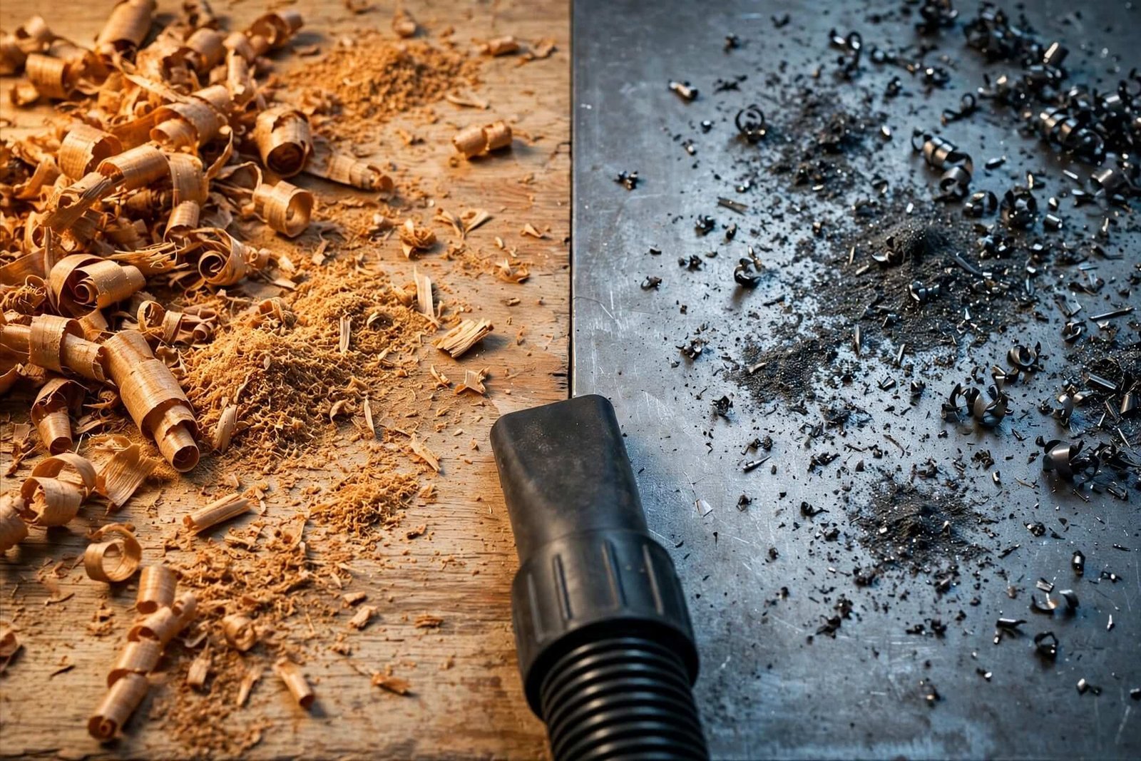Comparaison entre copeaux de bois et poussière métallique fine en atelier