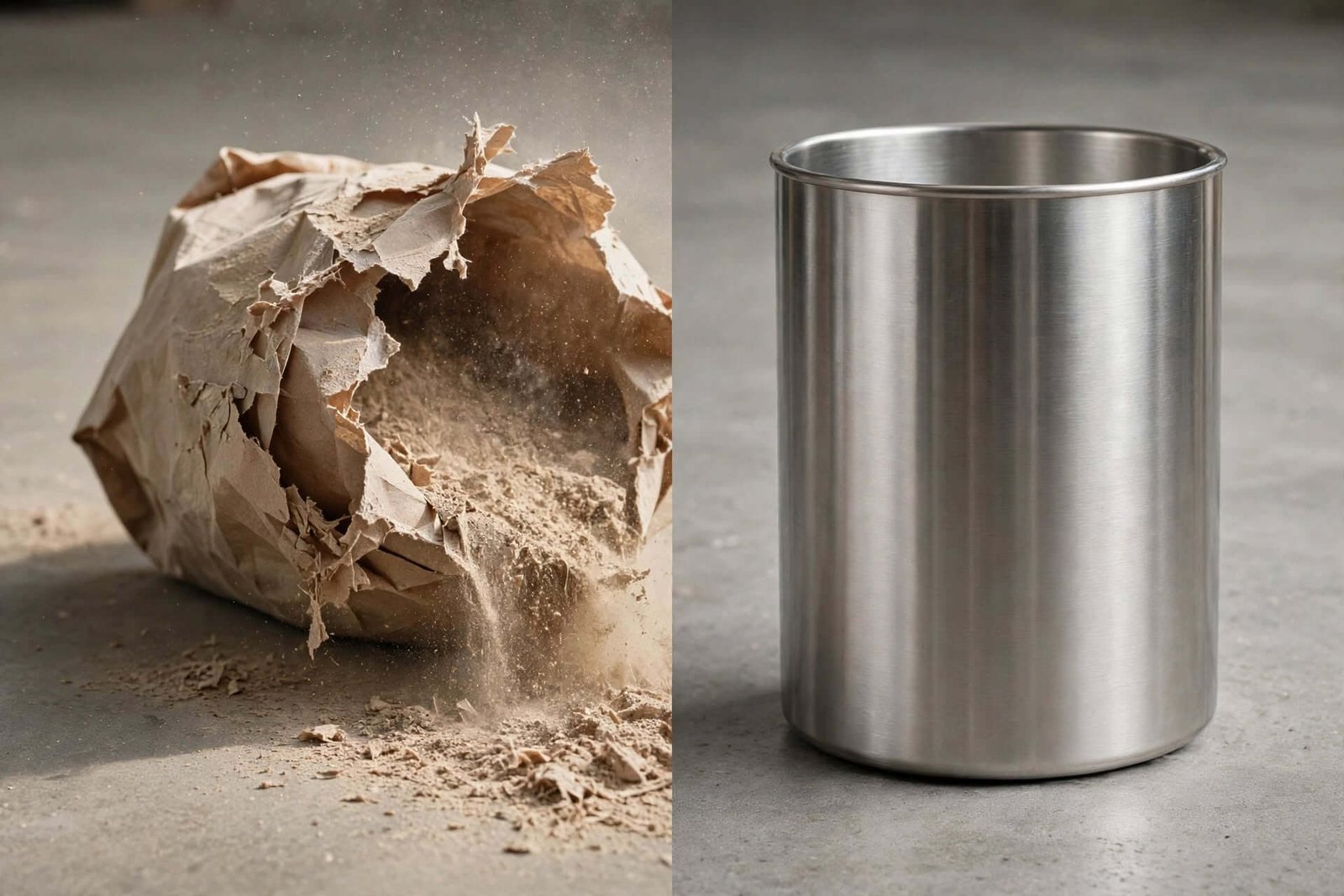 Comparaison entre un sac filtrant déchiré et une cuve inox d'aspirateur de chantier