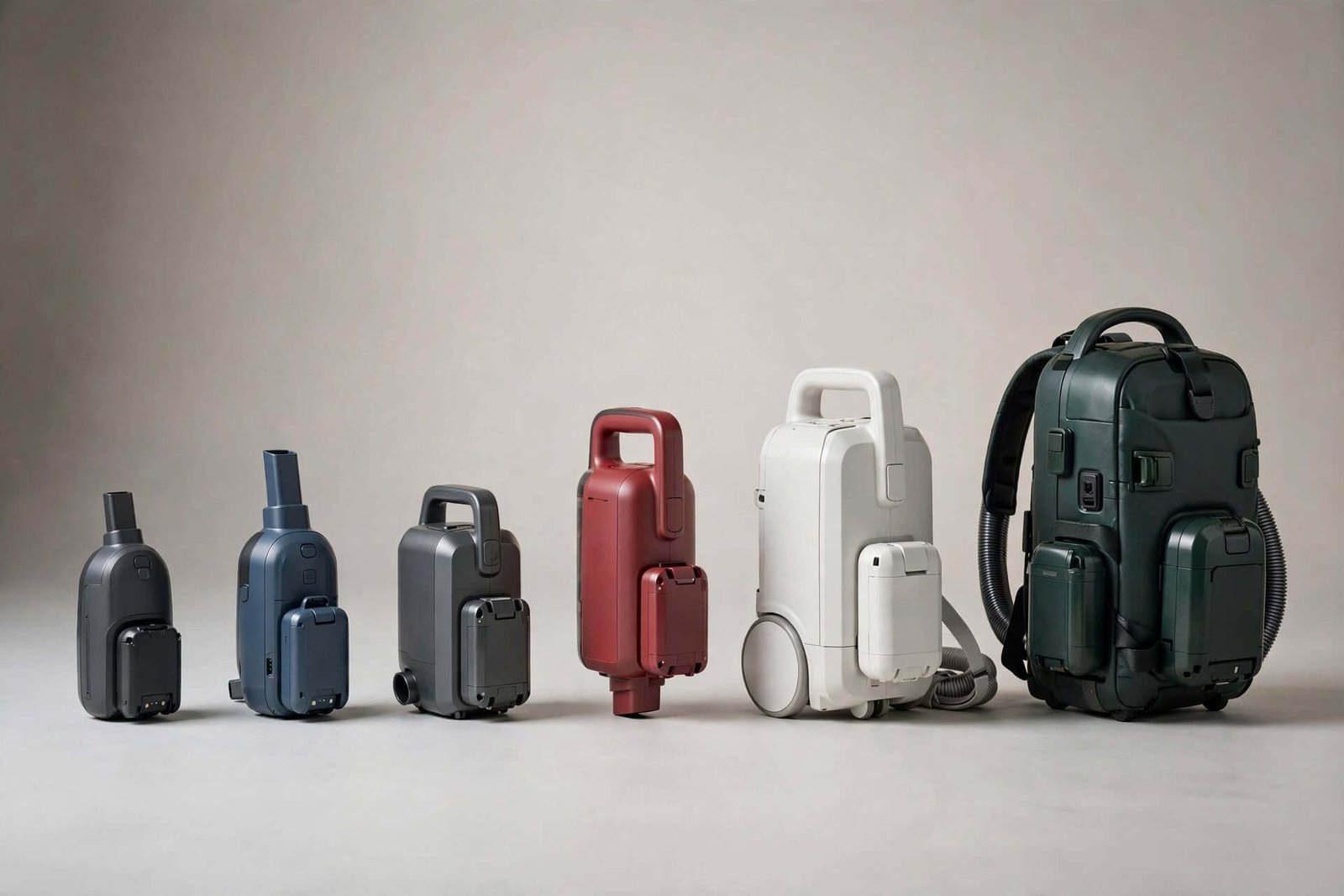 Comparatif de 6 aspirateurs de chantier sans fil sur batterie alignés pour comparaison