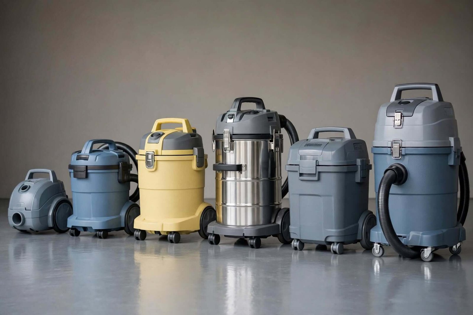 Comparatif de 6 aspirateurs de chantier sans sac alignés pour comparaison