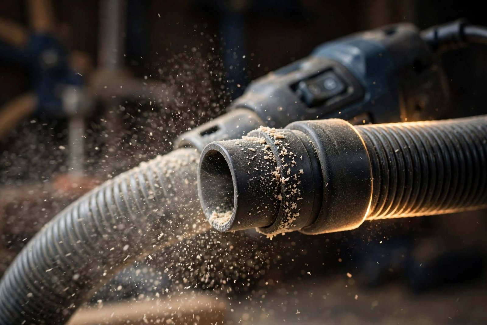Sciure fine collant au tuyau d'aspirateur par électricité statique en atelier