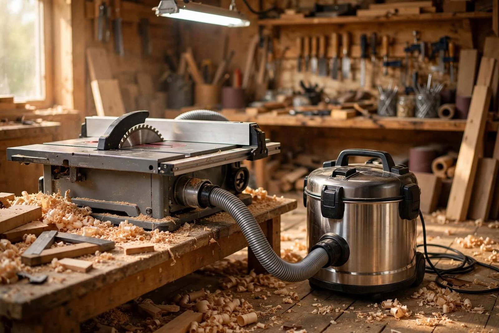 Aspirateur de chantier connecté à une scie sur table dans un atelier bois